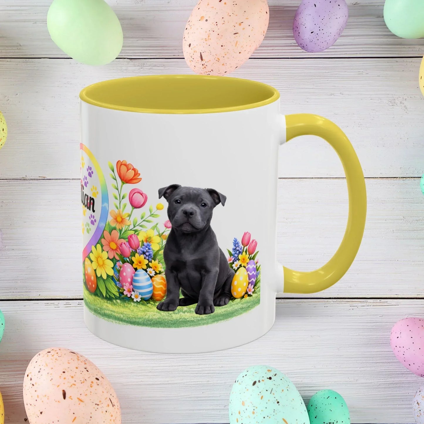 Shop our pitbull blue puppy easter mug featuring the 15oz style option from MySisterIsASurvivor.