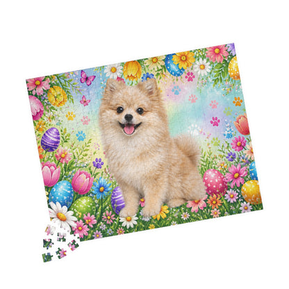 Pomeranian (Cream Merle) Easter Puppy Puzzle - Spring Garden with Eggs, Tulips, and Daisies
