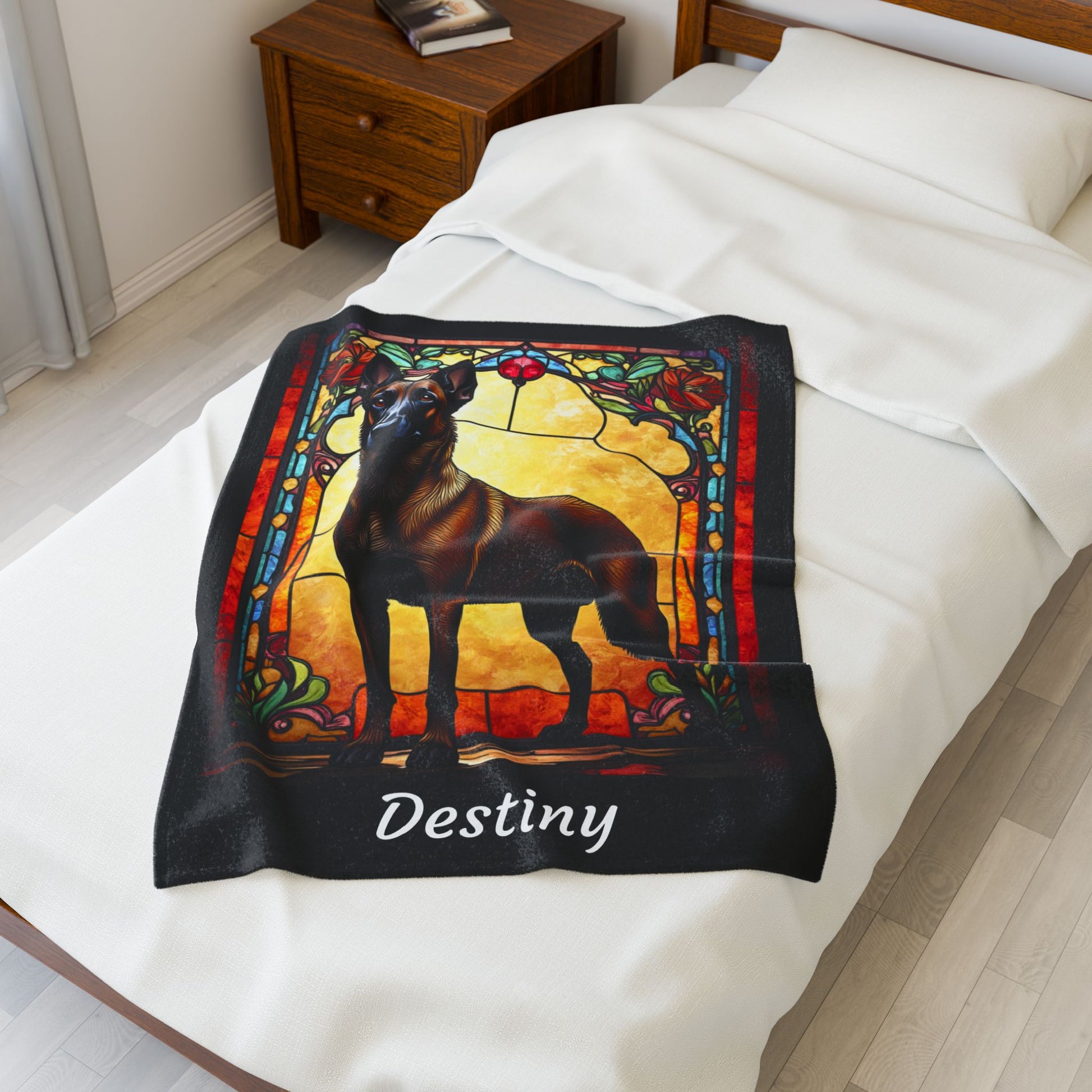 Belgian Malinois red sable velveteen blanket, dog throw, personalized stained glass pet gift - MySisterIsASurvivor