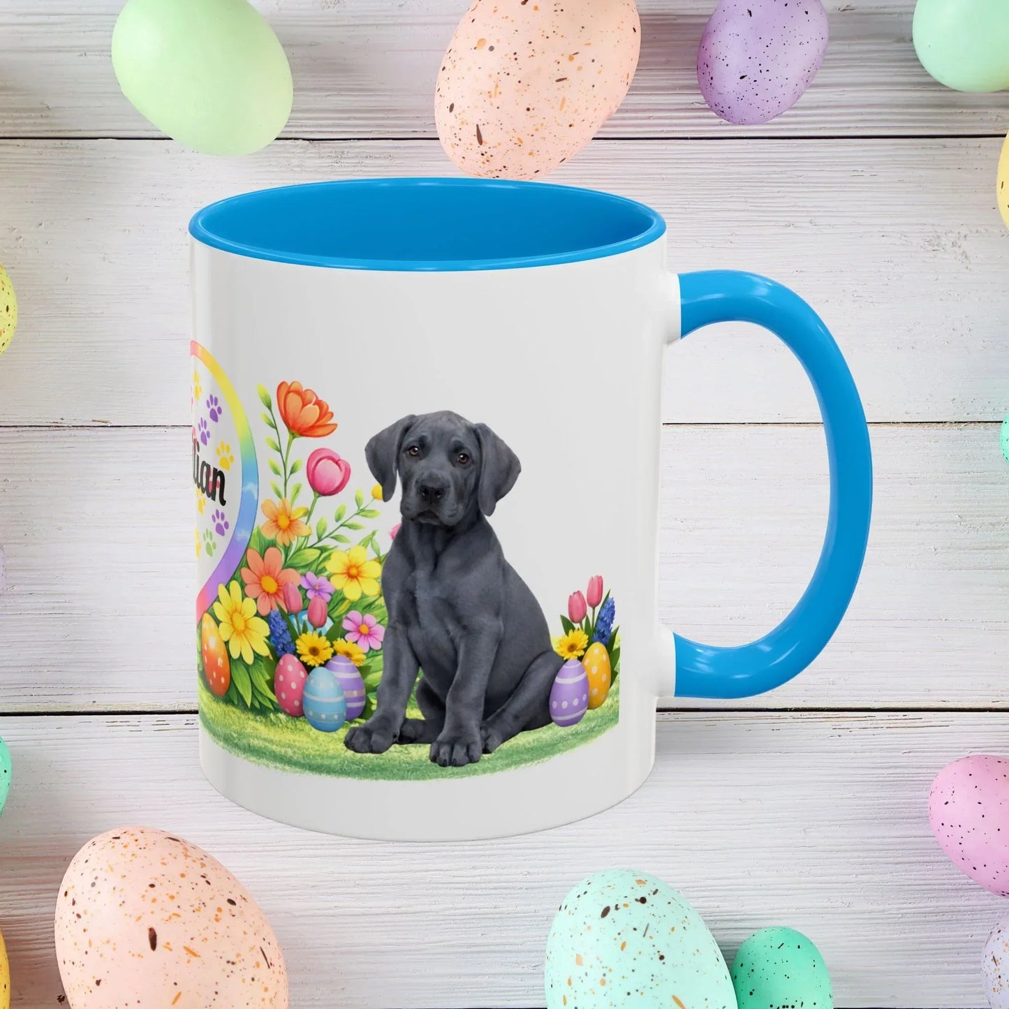 Shop our great dane blue puppy easter mug featuring the 11oz style option from MySisterIsASurvivor.