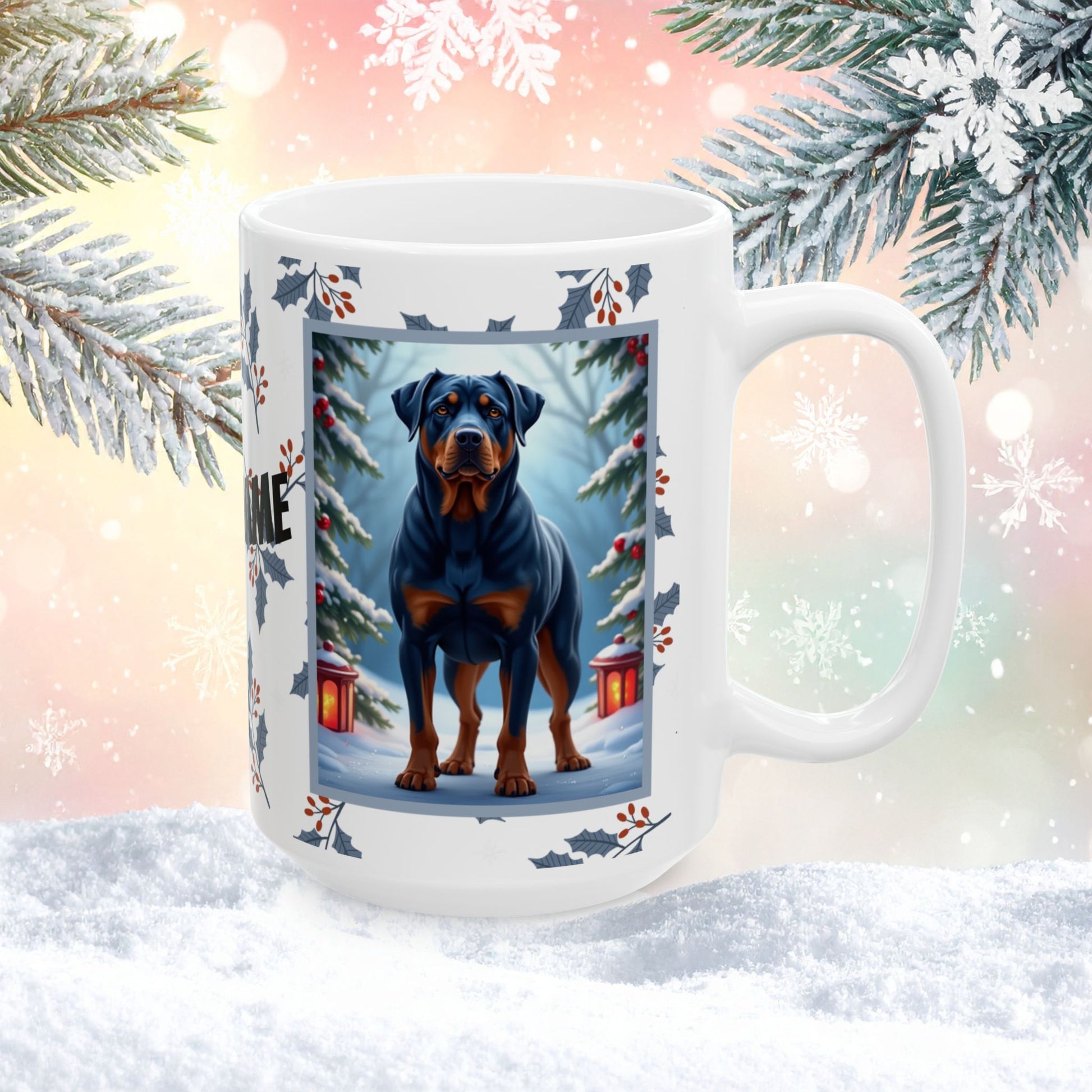 Rottweiler (Blue) Winter Mug - blue rottweiler illustrated standing confidently in a winter setting with snow