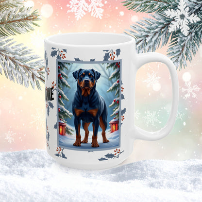 Rottweiler (Blue) Winter Mug - blue rottweiler illustrated standing confidently in a winter setting with snow