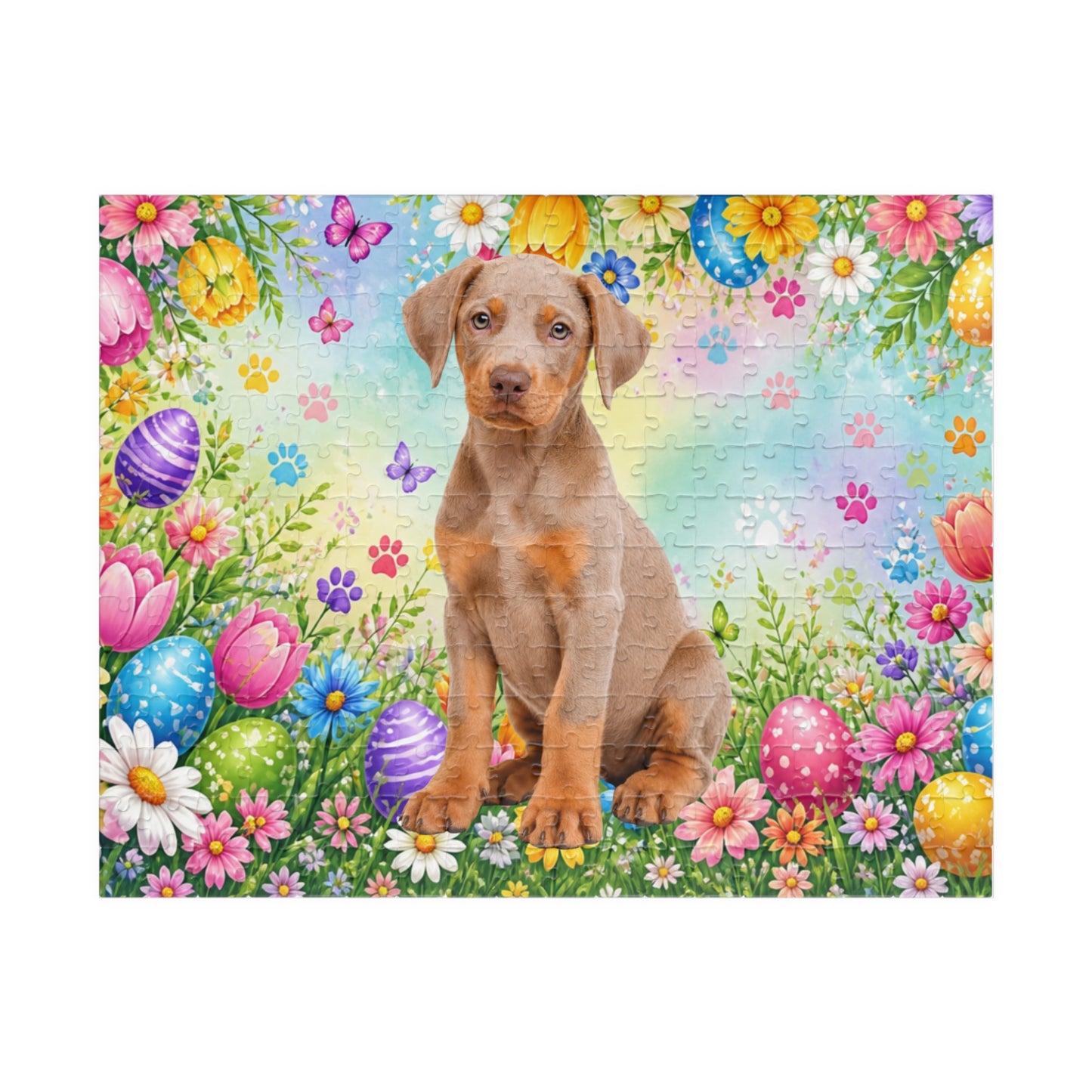 Doberman (Fawn/Isabella & Rust) Easter Puppy Puzzle - Spring Garden with Eggs, Tulips, and Daisies