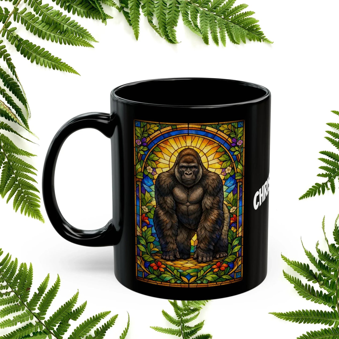 Shop our premium gorilla stained glass style black mug from MySisterIsASurvivor.