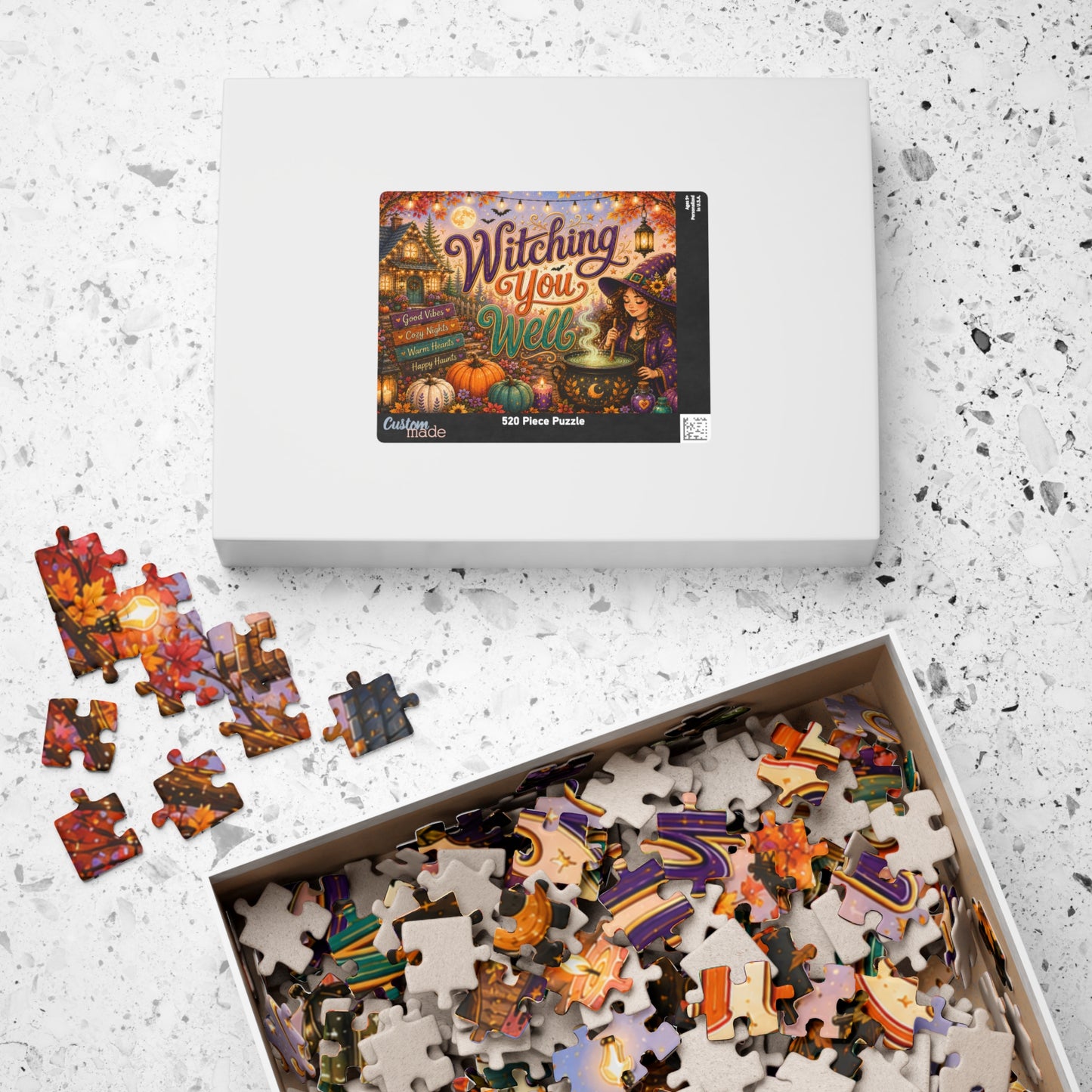 Witching You Well Halloween Puzzle - Witch Stirring Cauldron with Pumpkins, Full Moon, and Cottage