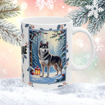 Husky (Wolf Grey) Winter Mug - wolf grey husky artwork standing in a winter setting with pine branches
