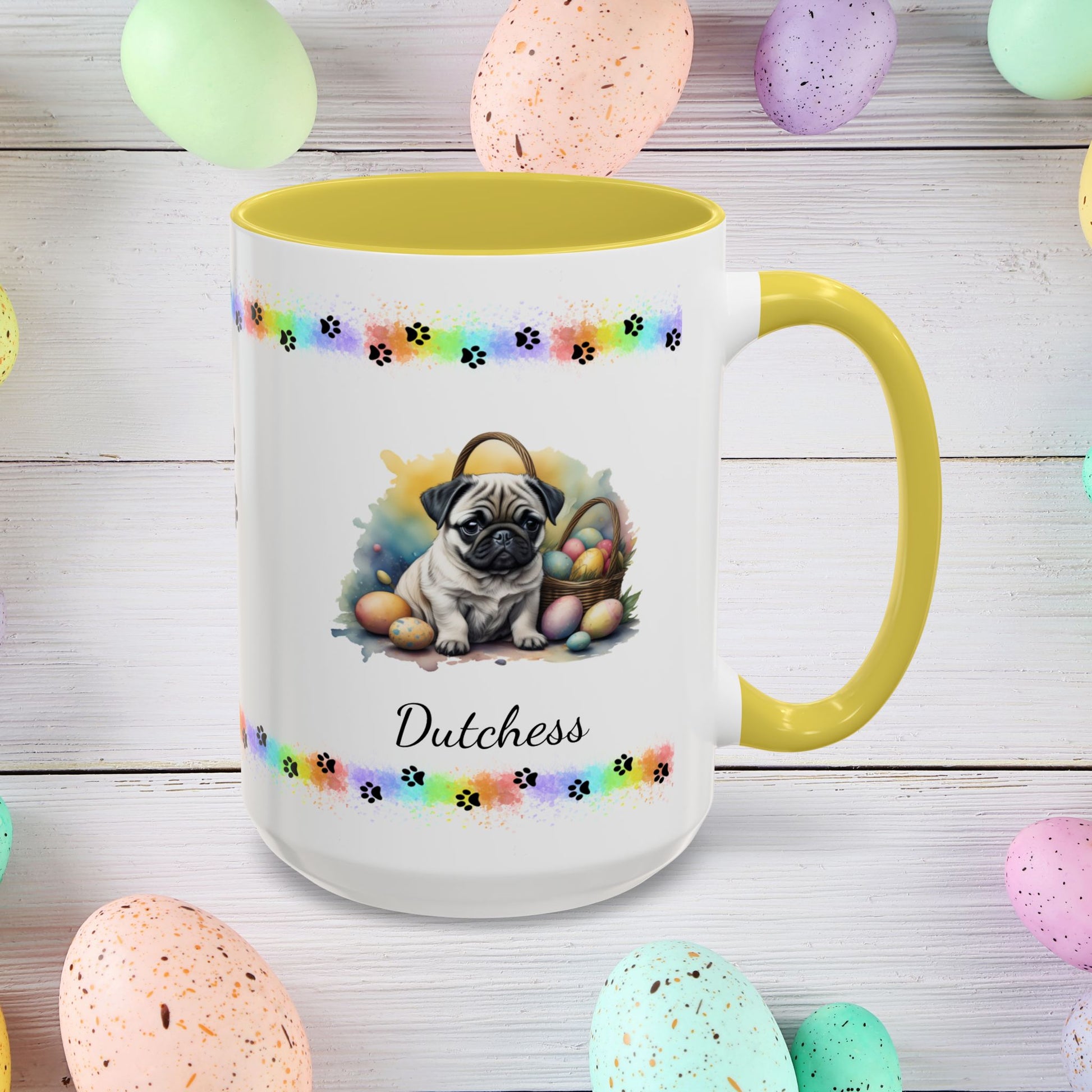 Pug: Personalized Easter Puppy Coffee Mug - Adorable Dog Design, Mental Health Gift, 11oz & 15oz, 12 Color Choices, Easter Gifts & Décor