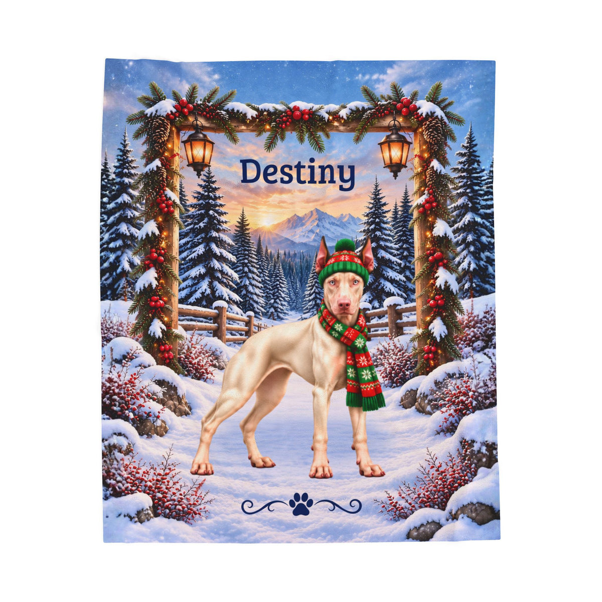 Doberman (White / Albino Coat) - Personalized Winter Blanket, Snowy Pine Velveteen Throw