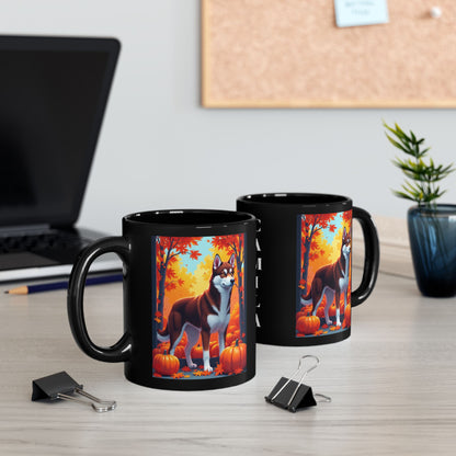 Dark Red & White Husky (Blue Eyes) fall coffee mug, custom gift for dog owners and Husky enthusiasts
