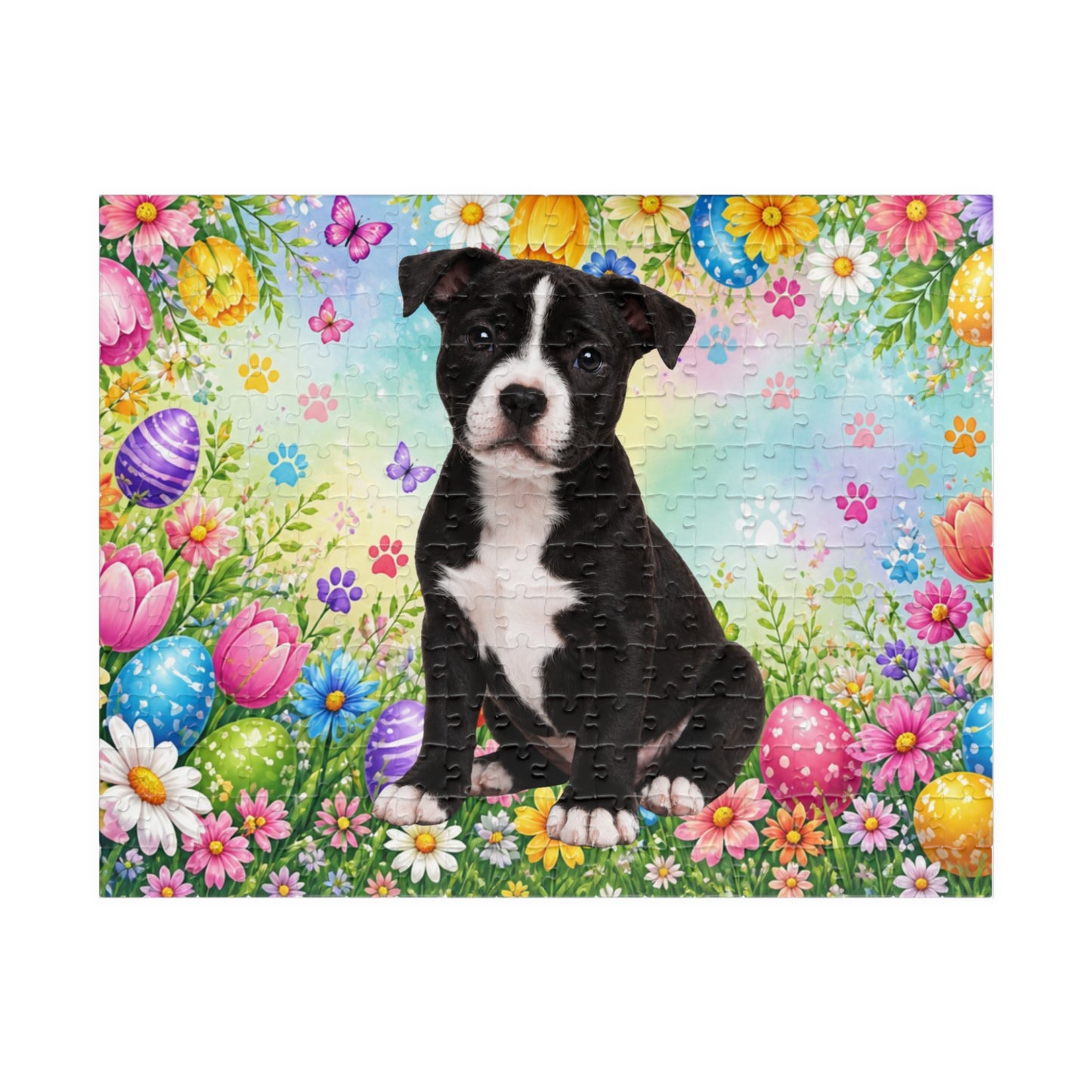 Pitbull (Black & White) Easter Puppy Puzzle - Spring Garden with Eggs, Tulips, and Daisies