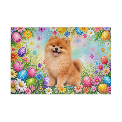Pomeranian (Orange Sable) Easter Puppy Puzzle - Spring Garden with Eggs, Tulips, and Daisies