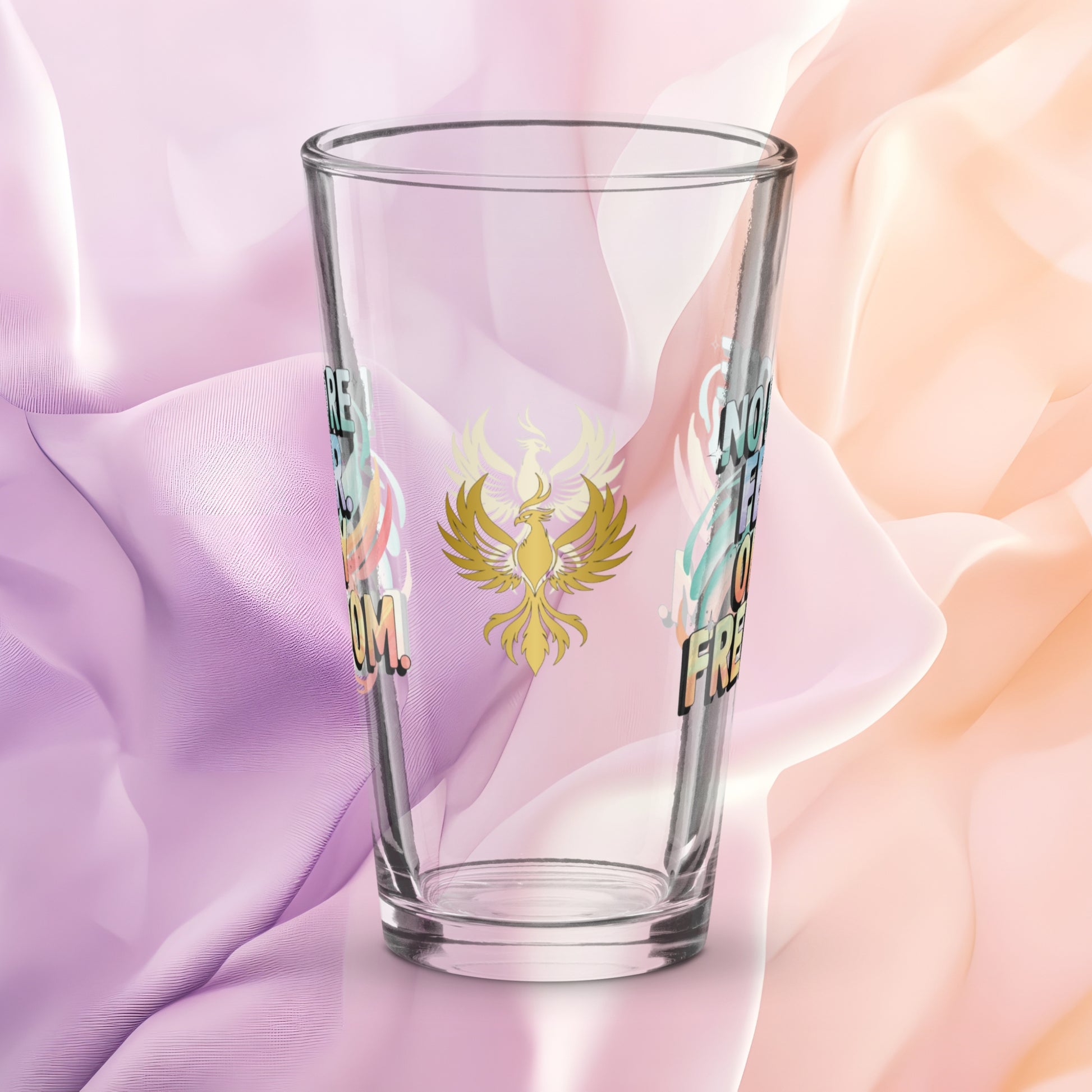 No More Fear Only Freedom pint glass, inspiring abuse recovery message, survivor empowerment design