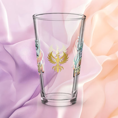 No More Fear Only Freedom pint glass, inspiring abuse recovery message, survivor empowerment design