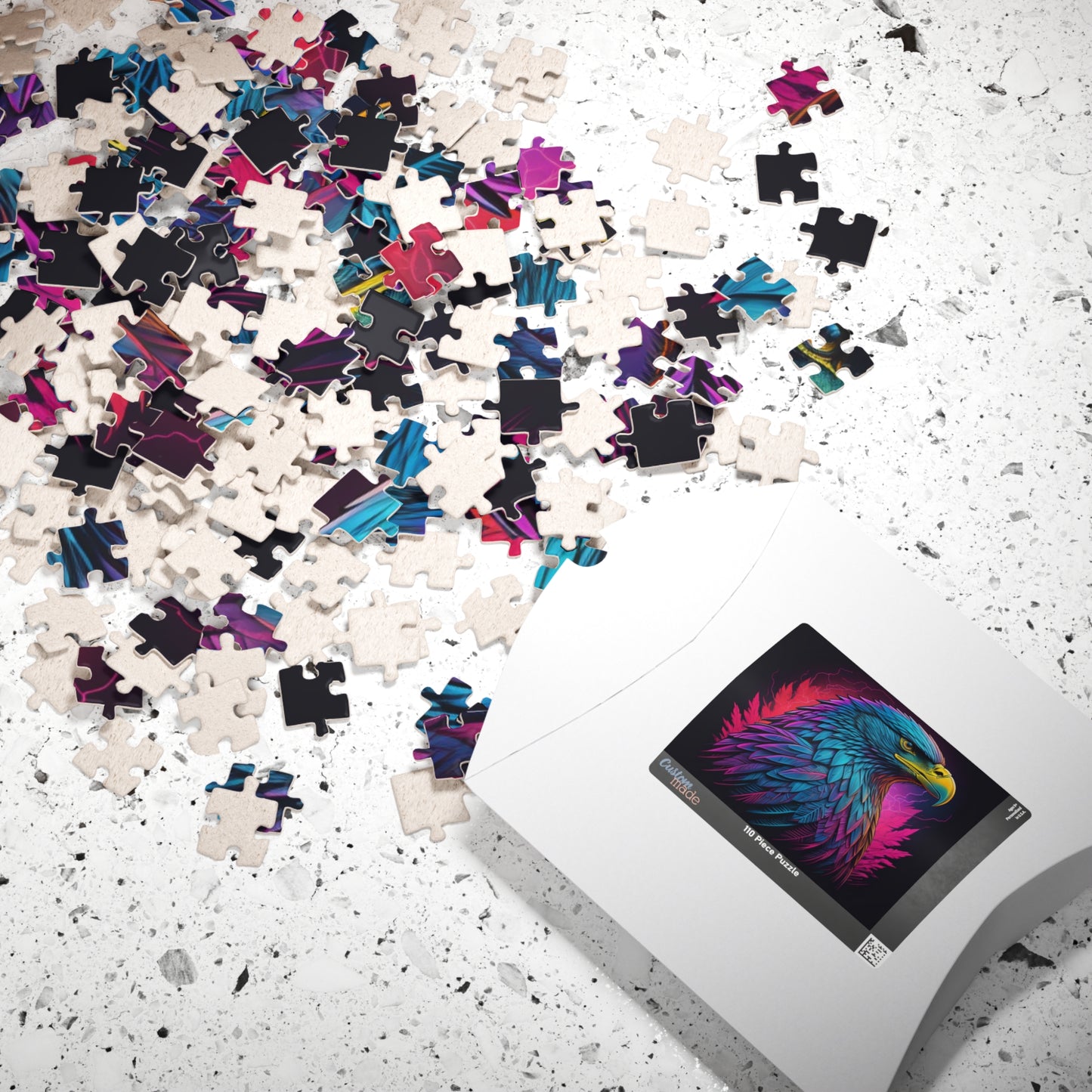 Triumphant Talons - Blacklight Neon Eagle Head Puzzle with Teal and Purple Feathers on Deep Black