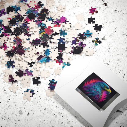 Triumphant Talons - Blacklight Neon Eagle Head Puzzle with Teal and Purple Feathers on Deep Black