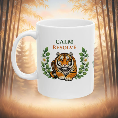 Shop our calm resolve tiger mug featuring the 15oz style option from MySisterIsASurvivor.