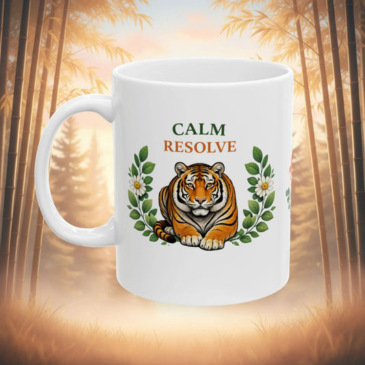 Shop our calm resolve tiger mug featuring the 15oz style option from MySisterIsASurvivor.