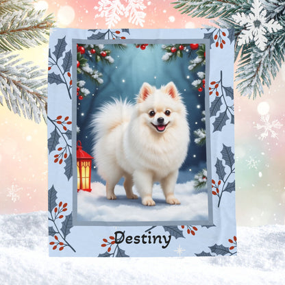 Pomeranian White custom winter blanket showing a snowy white Pom in a crisp illustrated lodge background