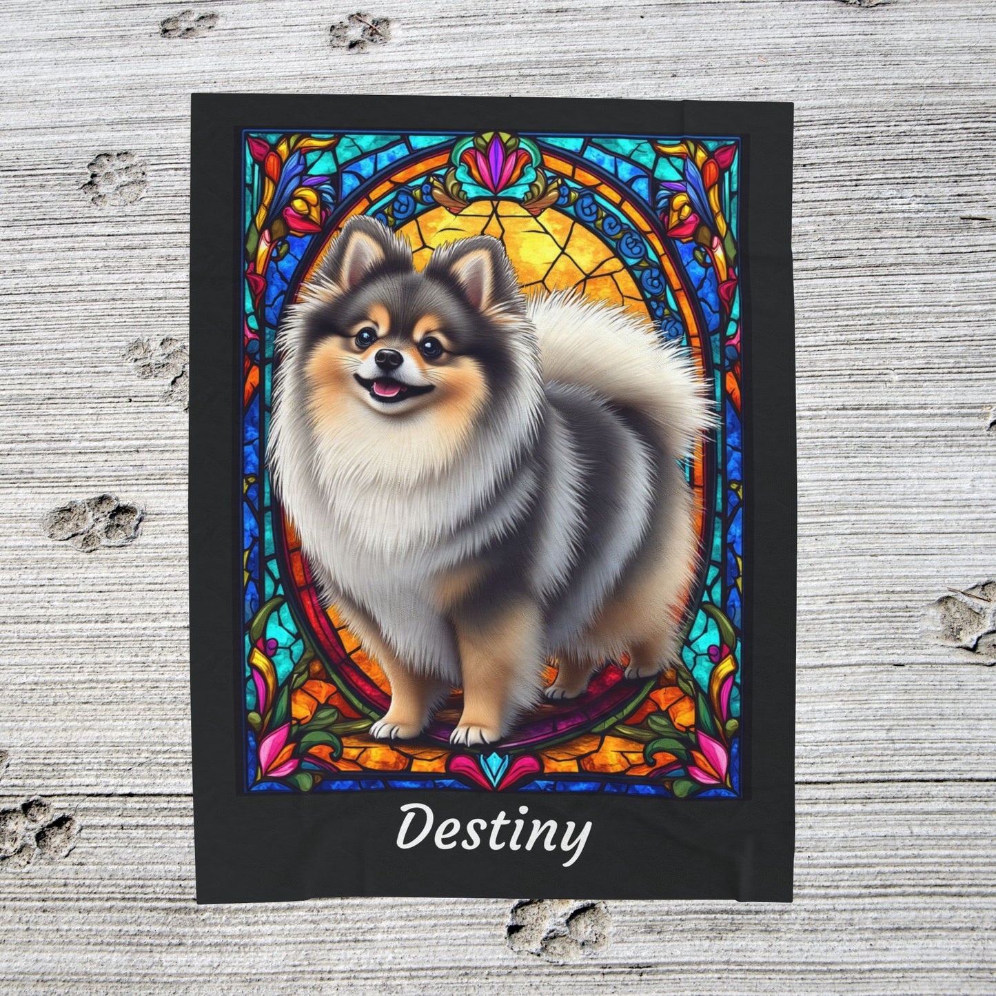 Pomeranian Wolf Sable Coat Blanket, Velveteen Plush Stained Glass Dog Throw, Unique Dog Lover Gift