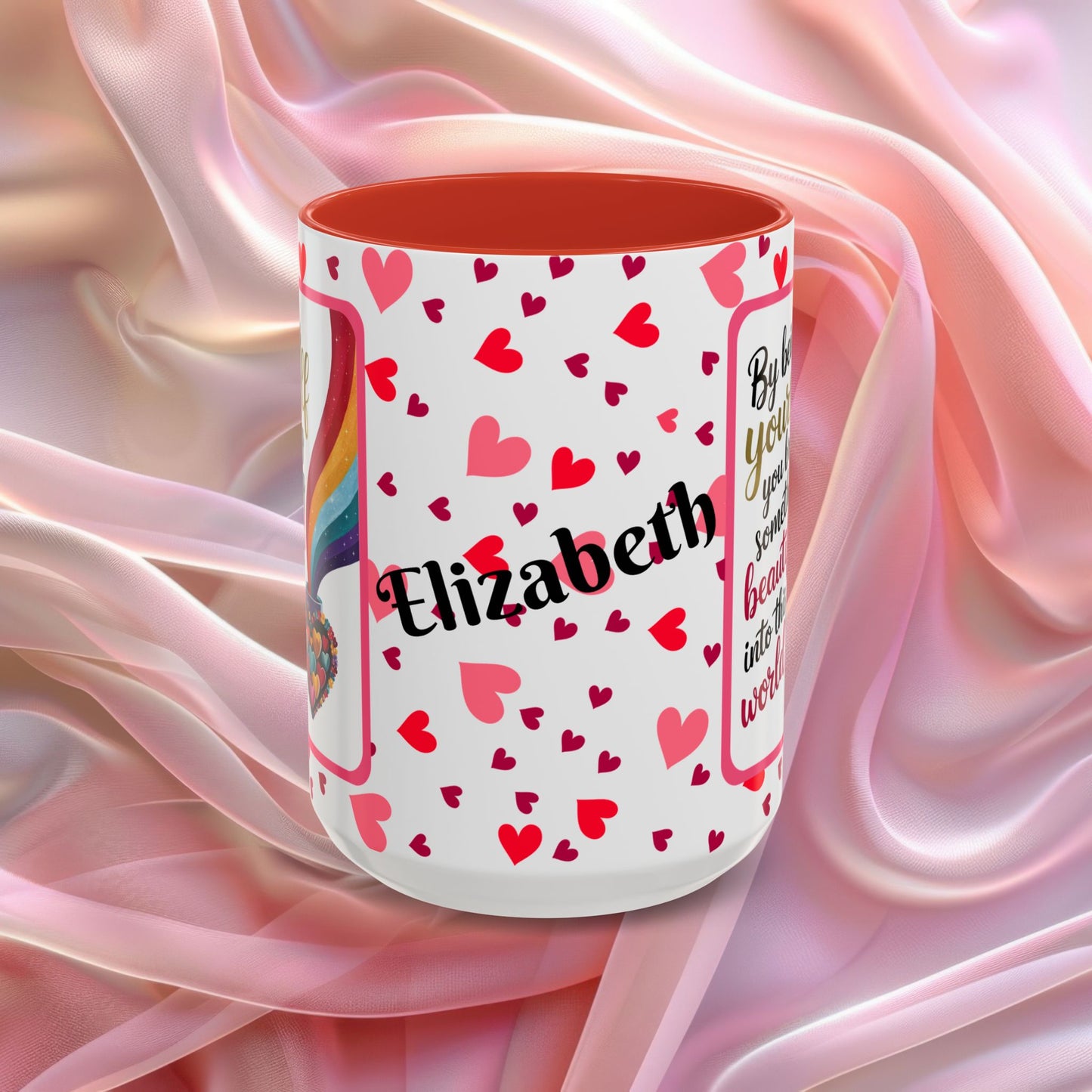 By Being Yourself Valentines mug featuring encouraging words, self love Valentine coffee cup design