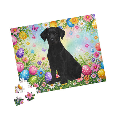 Doberman (Black) Easter Puppy Puzzle - Spring Flowers, Easter Eggs, and Butterflies