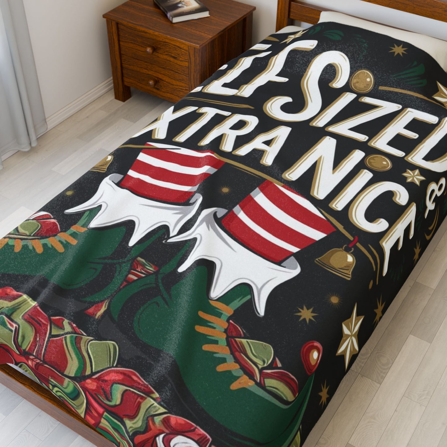 Cute Christmas blanket “Elf Sized & Extra Nice” cozy holiday throw for festive winter comfort