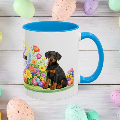 Shop our doberman blue rust puppy easter mug featuring the 11oz style option from MySisterIsASurvivor.