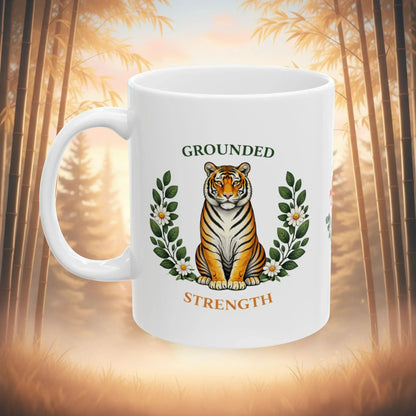 Shop our grounded strength tiger mug featuring the 15oz style option from MySisterIsASurvivor.