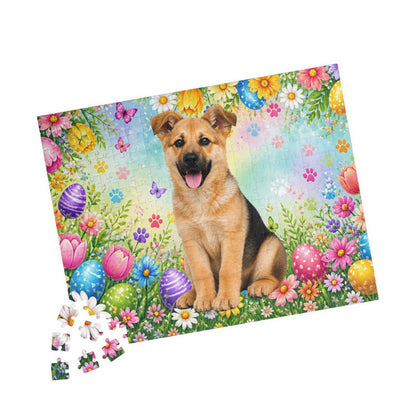 German Shepherd (Black & Tan) Easter Puppy Puzzle - Tulips, Easter Eggs, and Butterflies