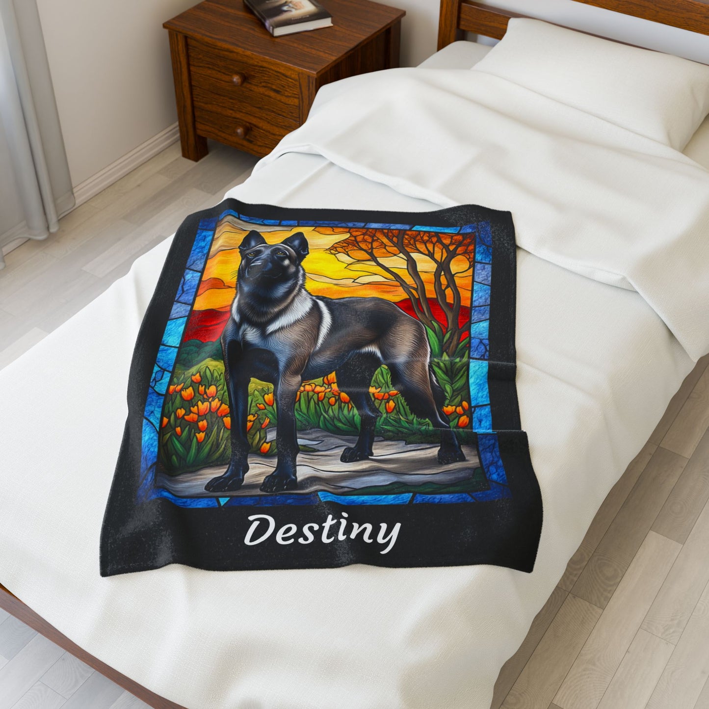 Belgian Malinois gray sable velveteen blanket, stained glass dog throw, personalized pet gift - MySisterIsASurvivor