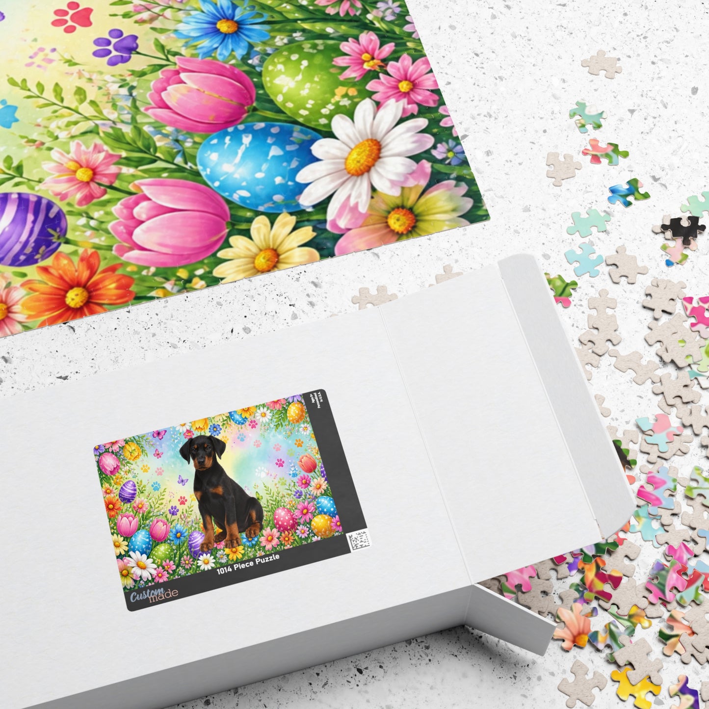 Doberman (Black & Rust) Easter Puppy Puzzle - Spring Garden with Eggs, Tulips, and Daisies