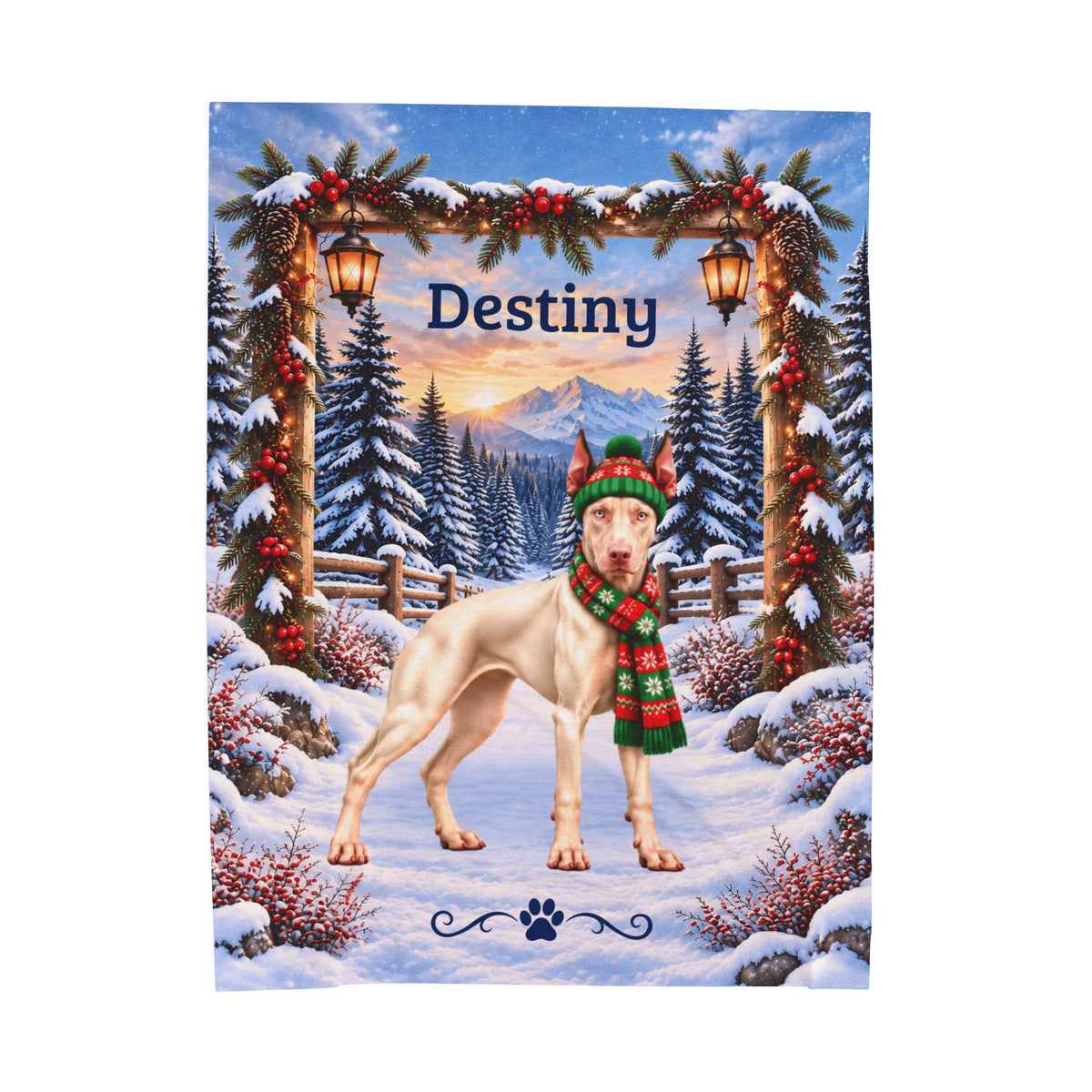 Doberman (White / Albino Coat) - Personalized Winter Blanket, Snowy Pine Velveteen Throw