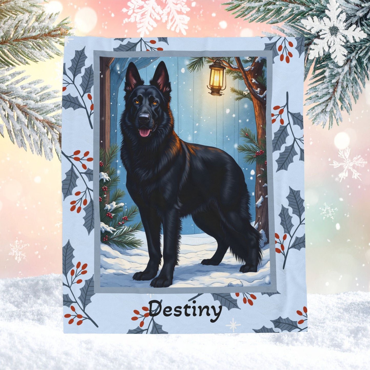 German Shepherd Black custom winter blanket with strong German Shepherd artwork in a cozy snowy lodge scene