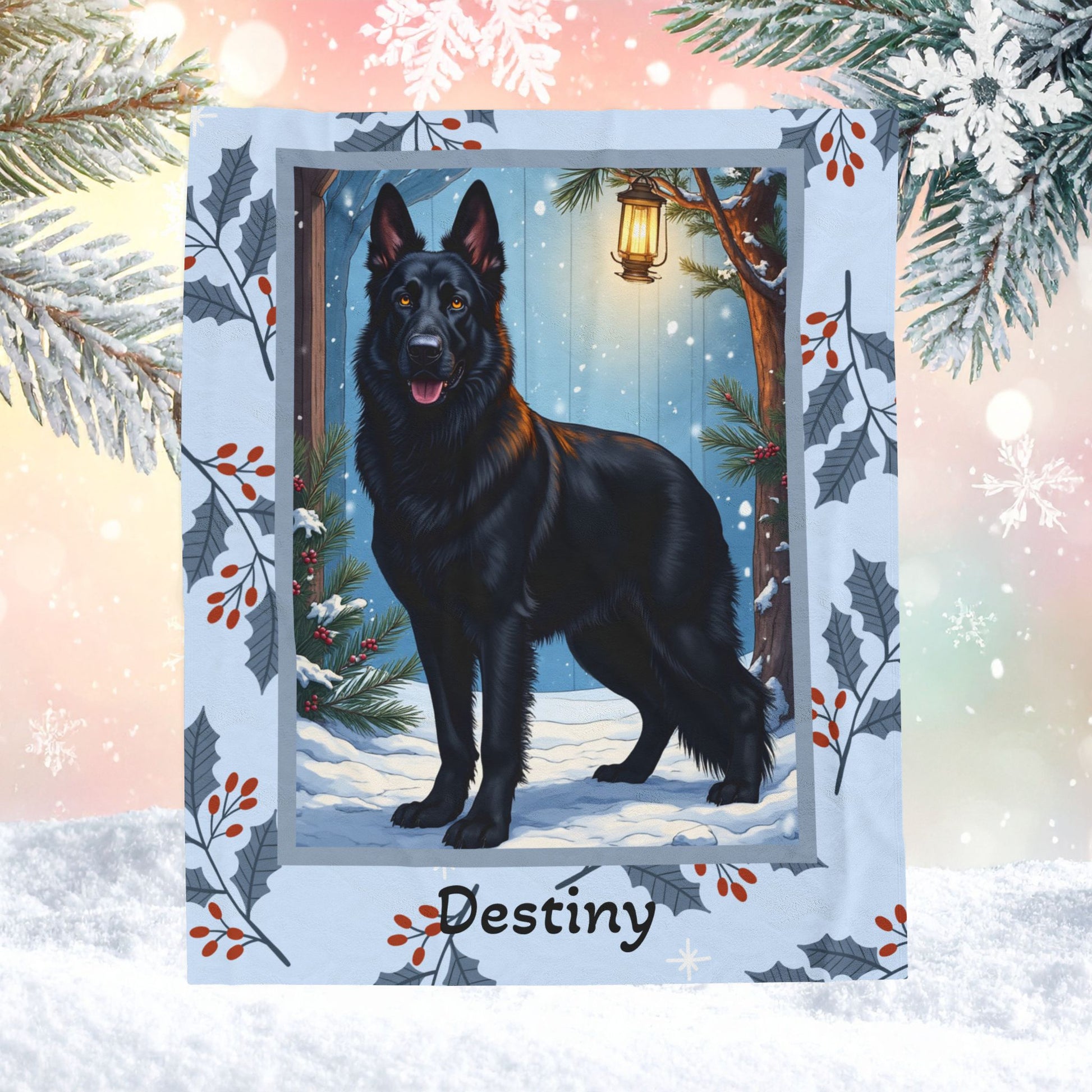 German Shepherd Black custom winter blanket with strong German Shepherd artwork in a cozy snowy lodge scene