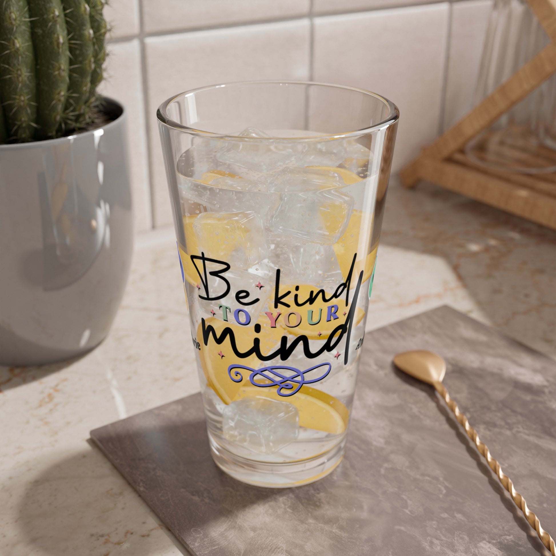 Be Kind to Your Mind retro mental health pint glass with personalized clear glass