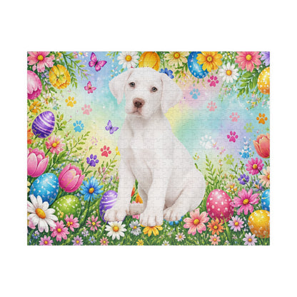 Great Dane (White) Easter Puppy Puzzle - Spring Garden with Eggs, Tulips, and Daisies