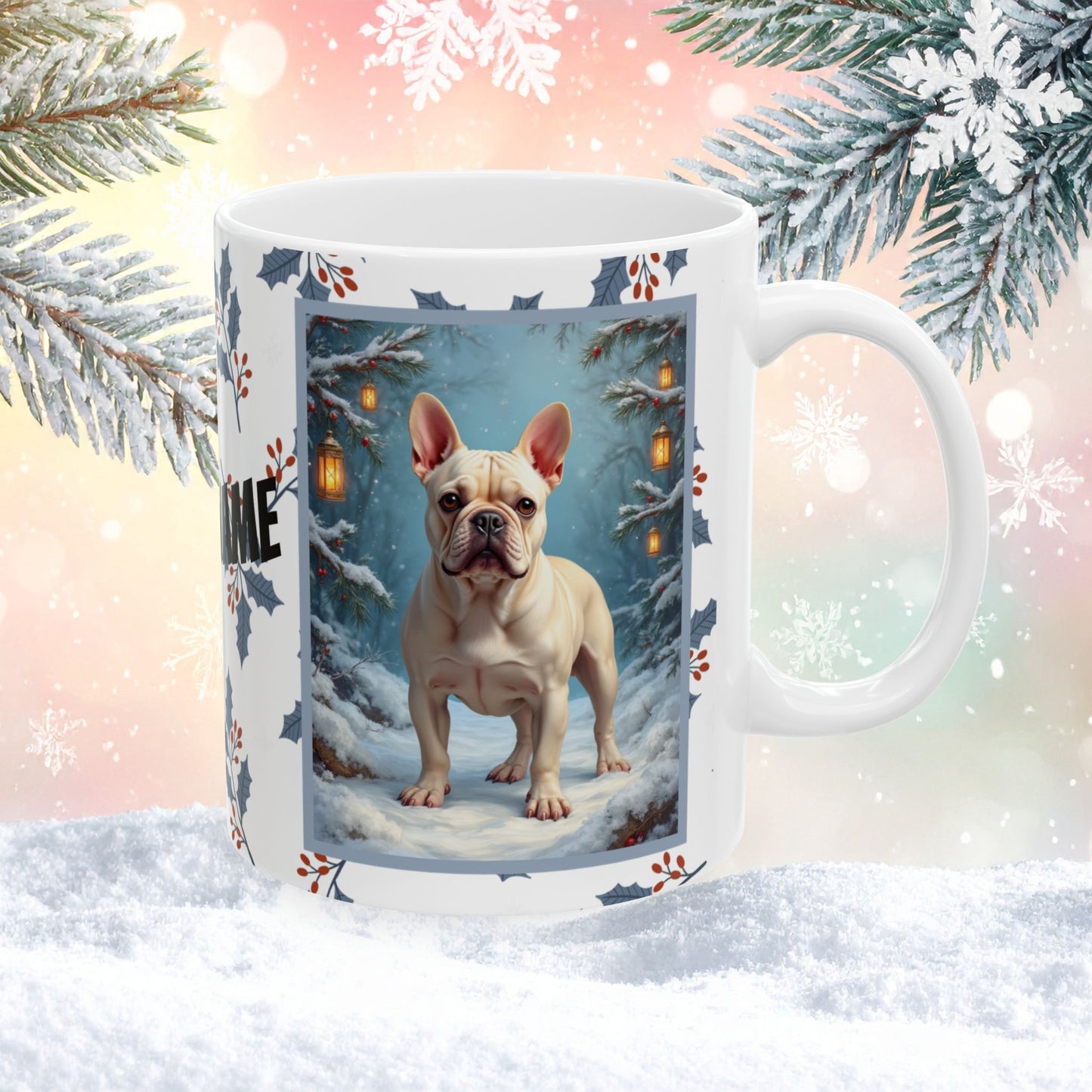 French Bulldog (Cream) Winter Mug - cream French Bulldog artwork standing in a bright winter setting with soft snowy details