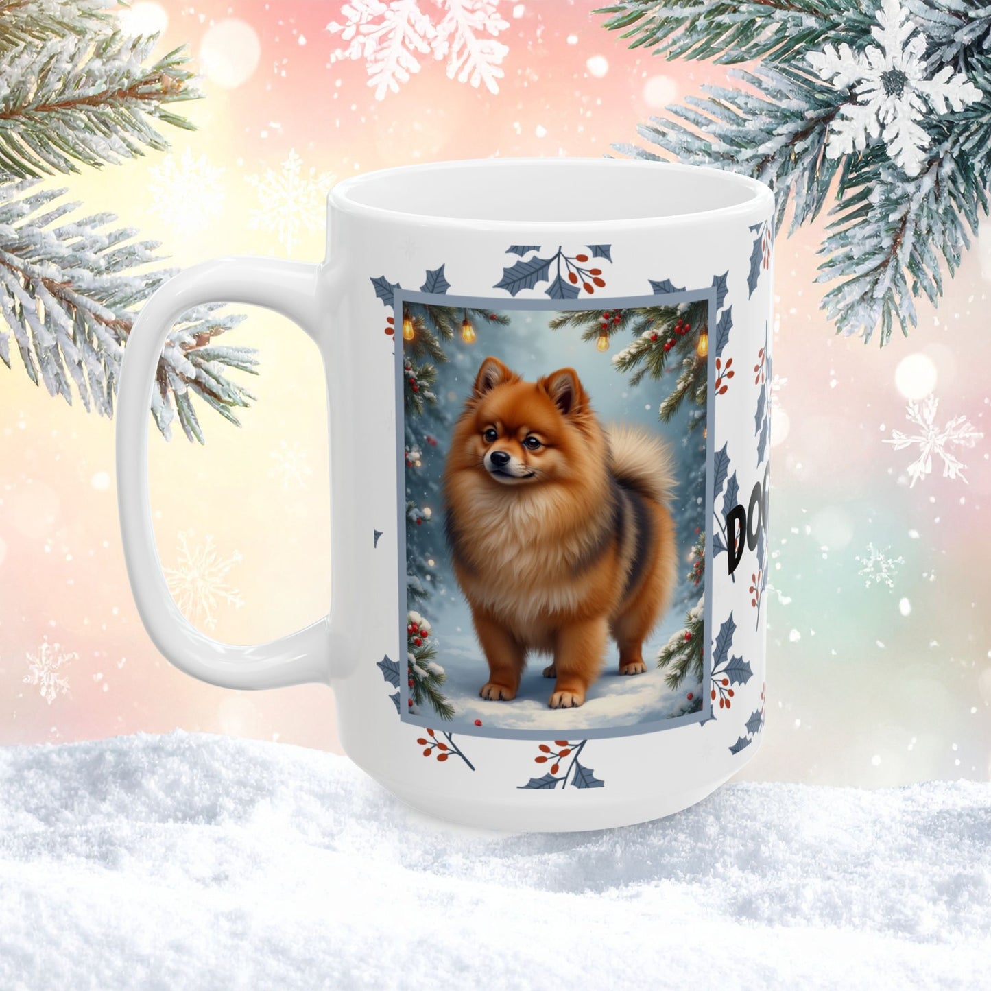 Pomeranian (Orange Sable) Winter Mug - orange sable pomeranian illustrated standing in a winter scene with pine trees