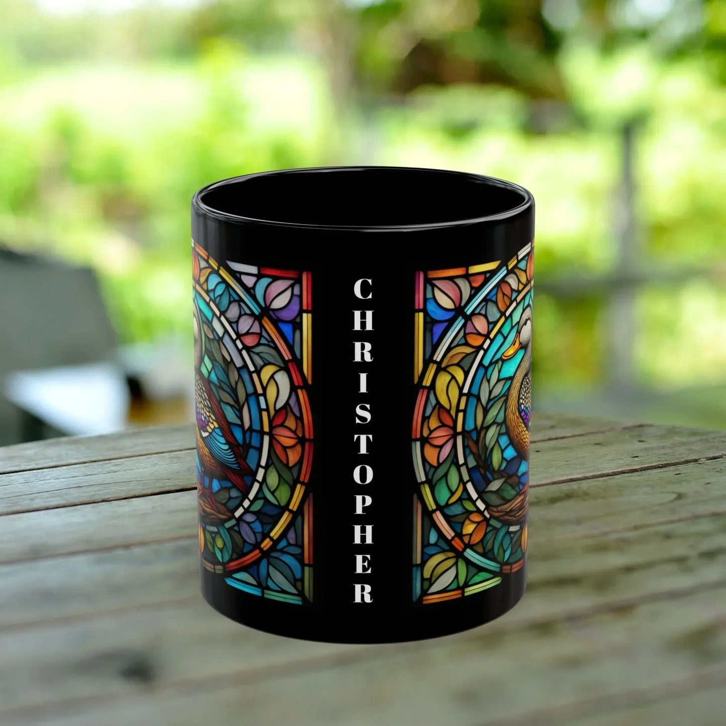 Shop our duck stained glass zoo animals ceramic black mug featuring the 15oz style option from MySisterIsASurvivor.