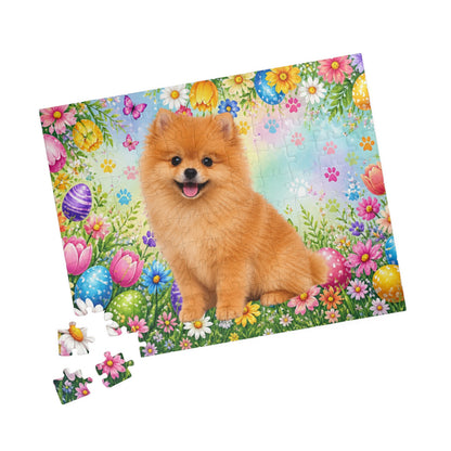 Pomeranian (Orange) Easter Puppy Puzzle - Spring Garden with Eggs, Tulips, and Daisies