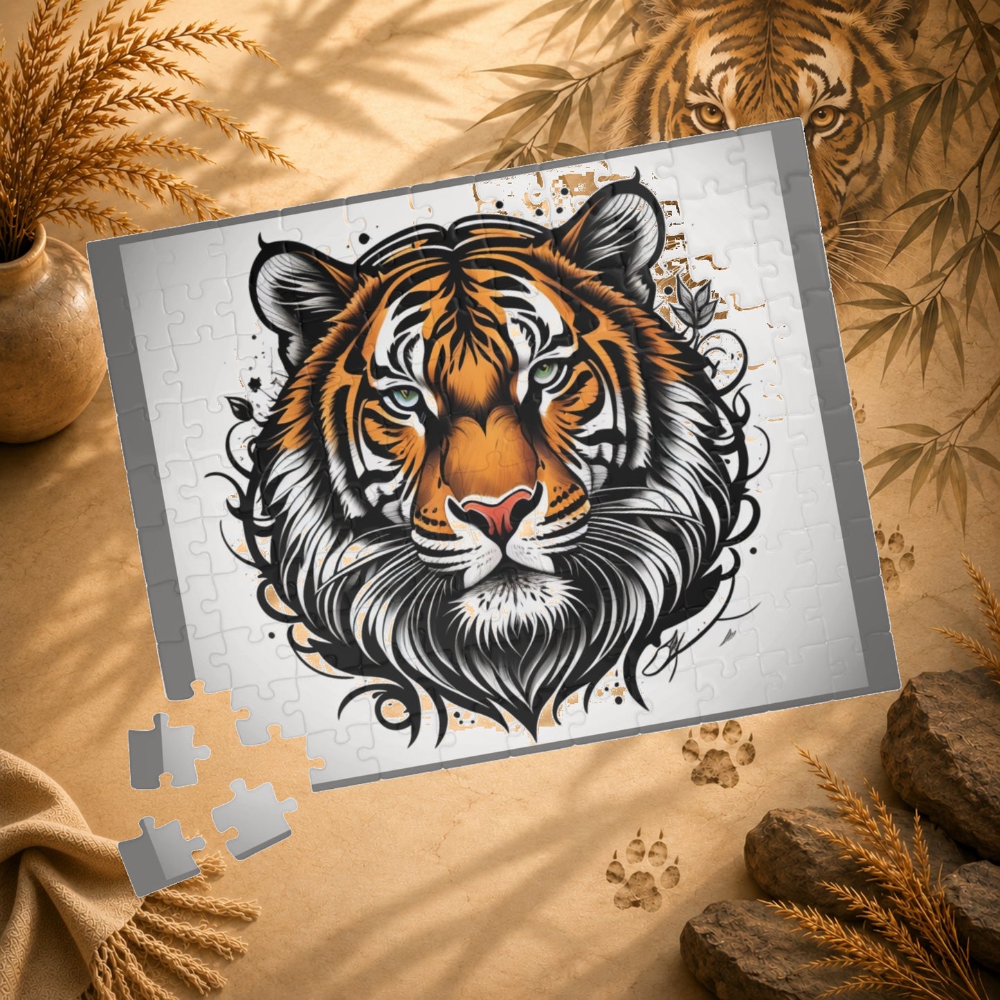 Tiger Spirit - Tattoo-Style Tiger Puzzle with Ornamental Flourishes on White