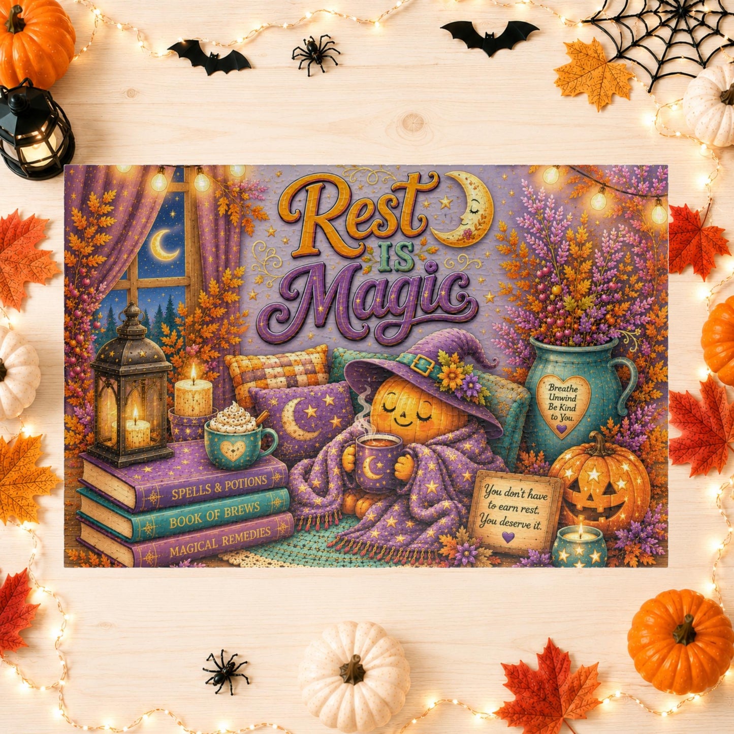 Rest Is Magic Halloween Puzzle - Cozy Pumpkin with Moon Mug, You Deserve Rest Sign, and Magical Books
