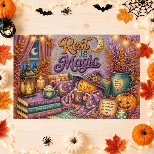 Rest Is Magic Halloween puzzle featuring cozy pumpkin, moon mug, magic books, and self care sign