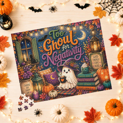 Too Ghoul for Negativity Halloween Puzzle - Ghost with Cauldron Mug, Good Energy Stays Here Sign, and Gratitude Books