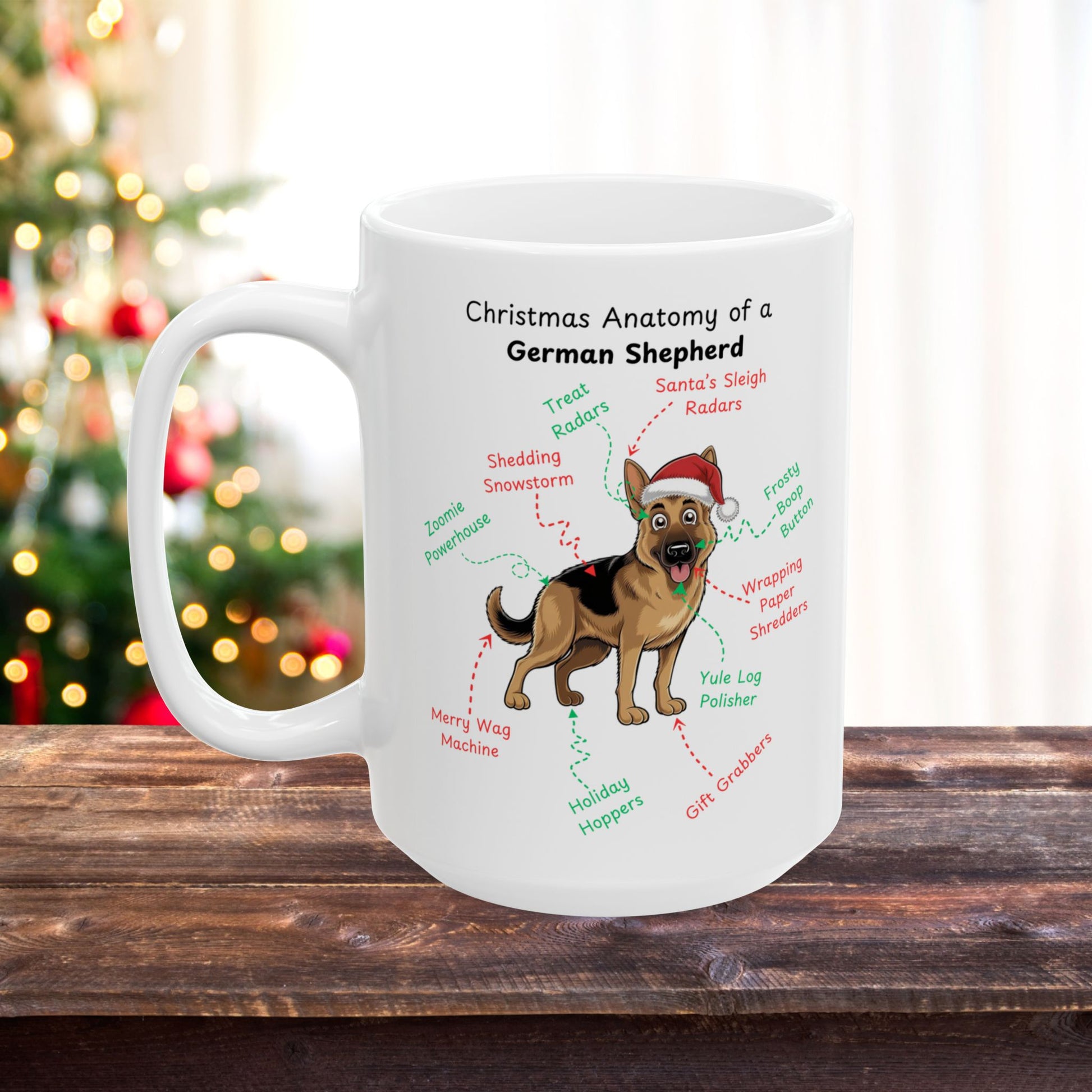 German Shepherd Personalized Christmas Dog Anatomy Mug, Funny Holiday Gift for Dog Lovers, Festive Dog Breed Coffee Cup