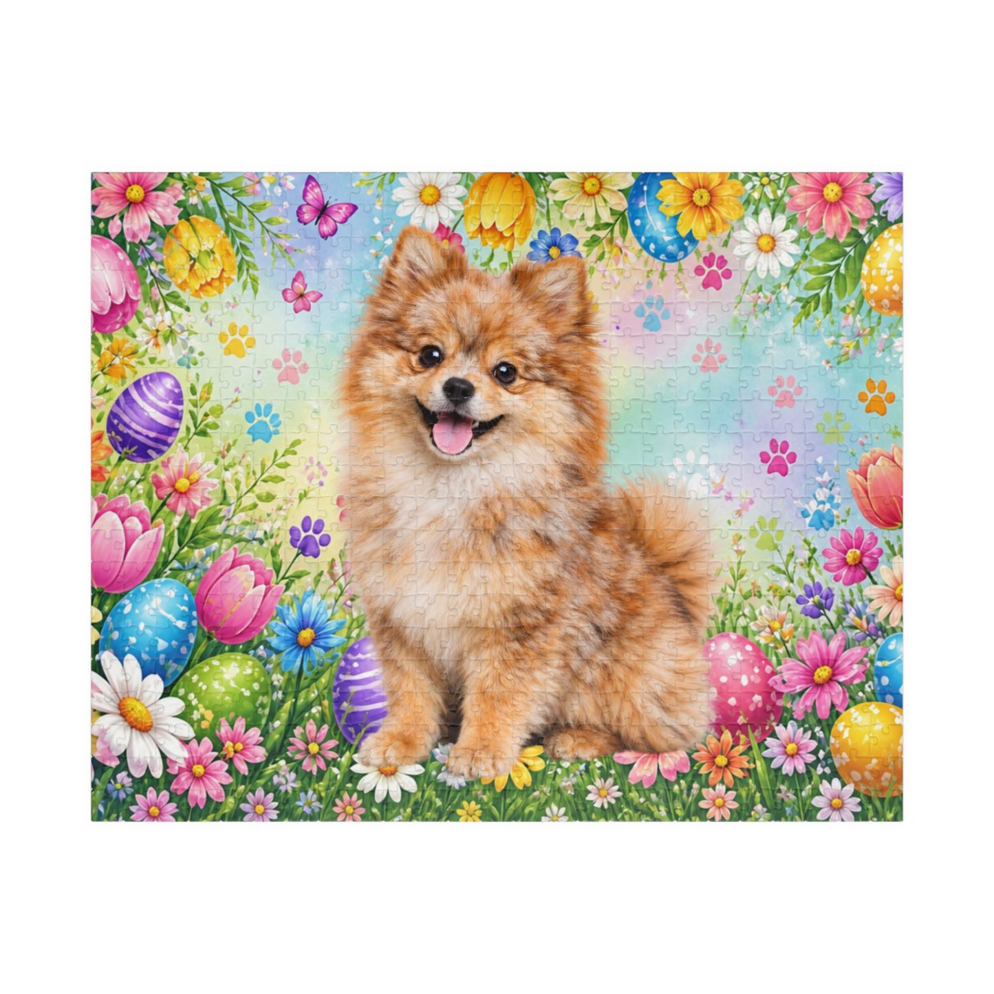 Pomeranian (Orange Merle) Easter Puppy Puzzle - Spring Garden with Eggs, Tulips, and Daisies
