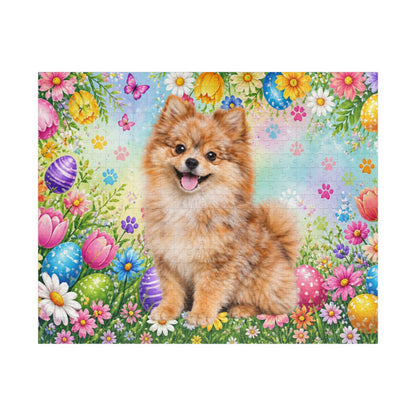 Pomeranian (Orange Merle) Easter Puppy Puzzle - Spring Garden with Eggs, Tulips, and Daisies