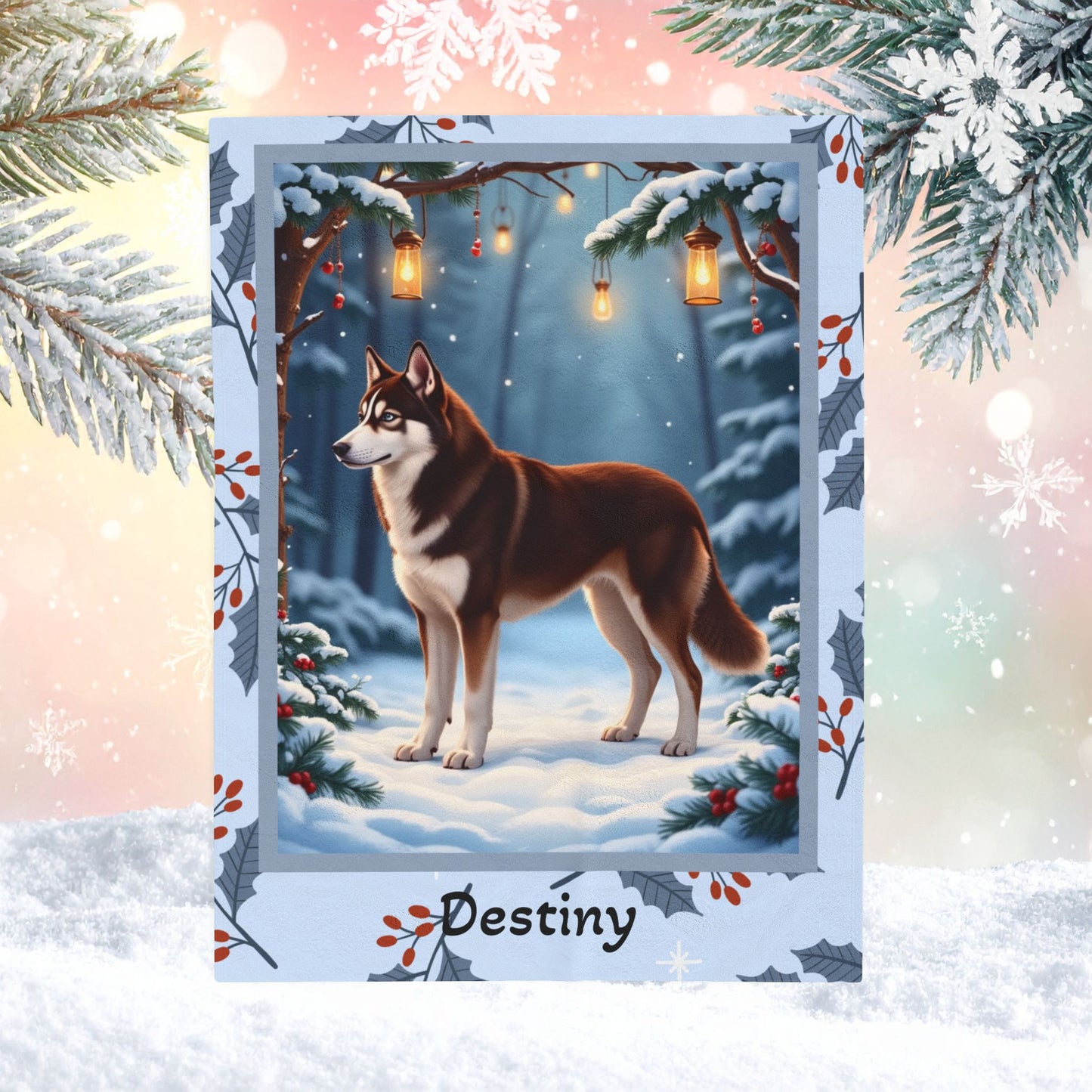 Husky Chocolate Red personalized winter throw with warm-toned Husky art in a cozy snowy lodge illustration