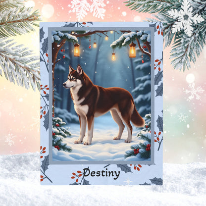 Husky Chocolate Red personalized winter throw with warm-toned Husky art in a cozy snowy lodge illustration