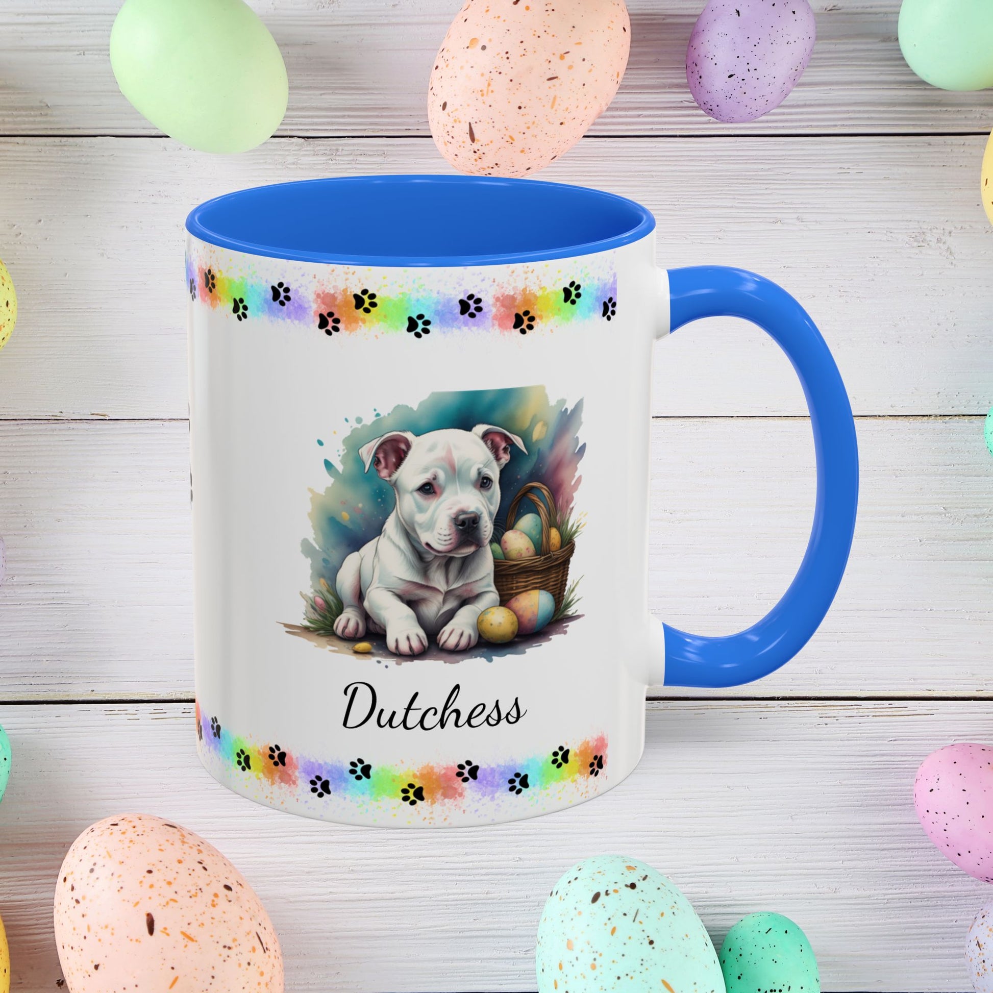 Pitbull (White): Personalized Easter Puppy Coffee Mug - Adorable Dog Design, Mental Health Gift, 11oz & 15oz, 12 Color Choices, Easter Gifts & Décor